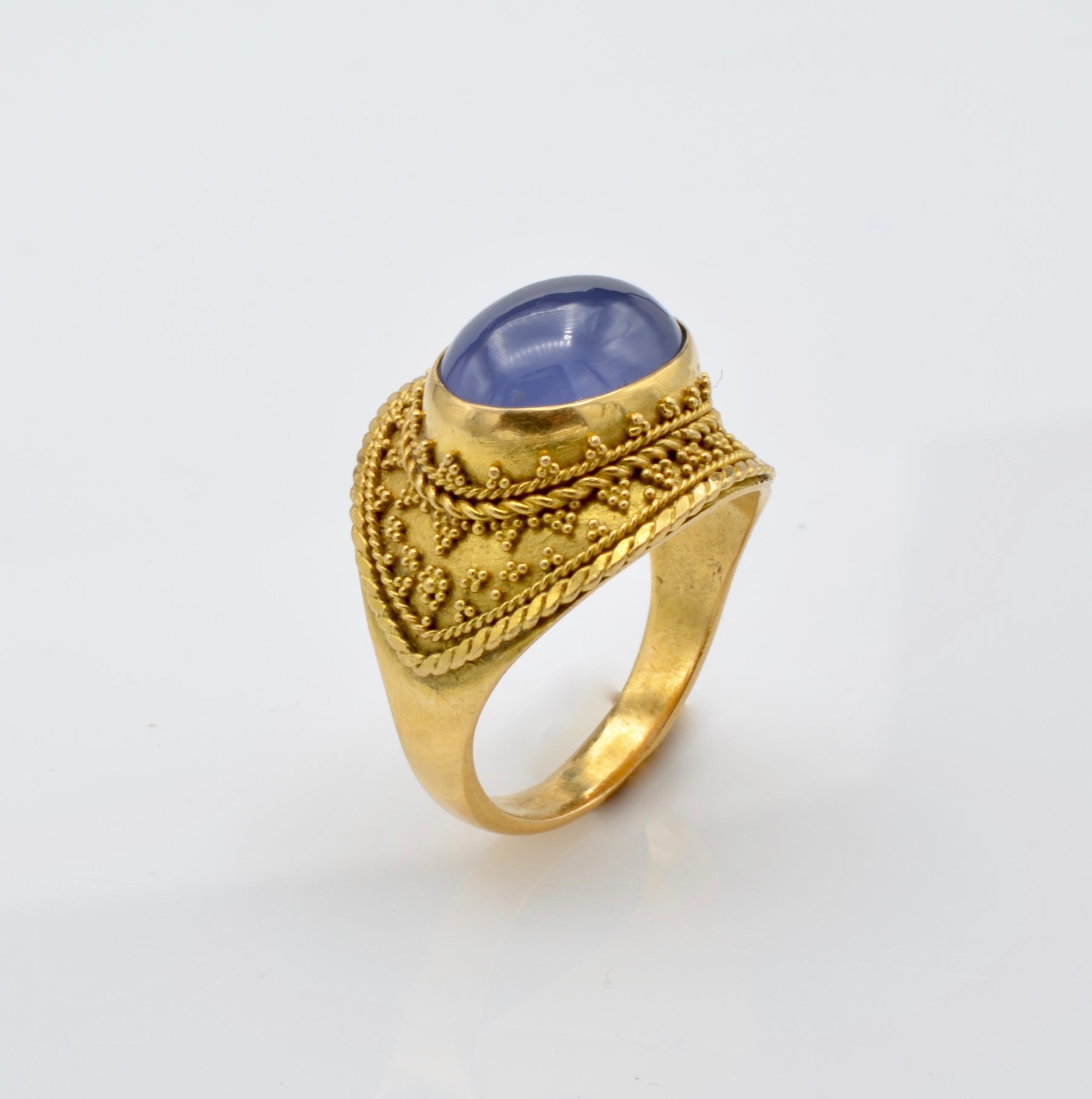 Women's or Men's 22 Karat Gold Granular Design Blue Chalcedony Ring For Sale