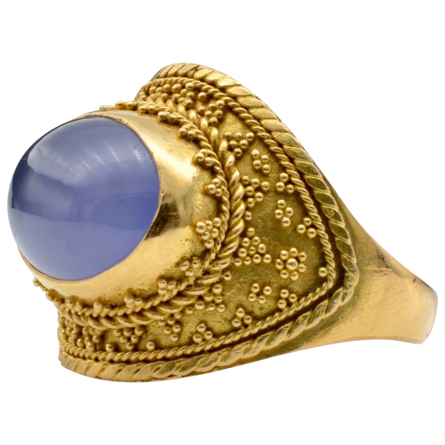 22 Karat Gold Granular Design Blue Chalcedony Ring