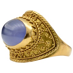 22 Karat Gold Granular Design Blue Chalcedony Ring