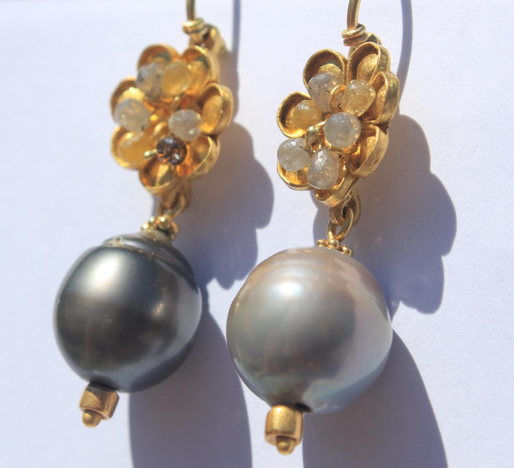 Custom order. Grey Garden Drop Earrings. These 22K gold elegant contemporary dangle earrings featuring Tahitian Pearls and diamond briolettes look great worn every day. They will also dress up any outfit for a special occasion.

These earrings are