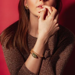 22 Karat Gold Green Garnet Diamond Snake Head Tubogas Flexible Cuff Bracelet