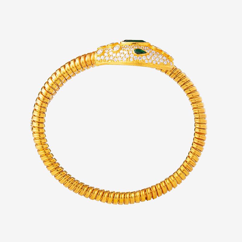 Contemporary 22 Karat Gold Green Garnet Diamond Snake Head Tubogas Flexible Cuff Bracelet For Sale