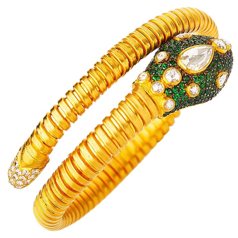 22 Karat Gold Green Garnet Diamond Snake Head Tubogas Flexible Cuff Bracelet For Sale