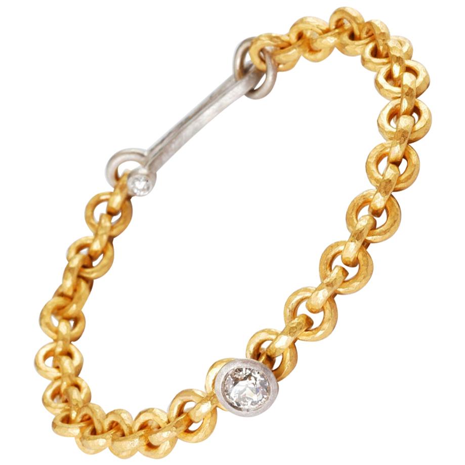 22 Karat Gold Hammered Link Bracelet with Platinum Set Old Cut Diamond 0.72cts For Sale