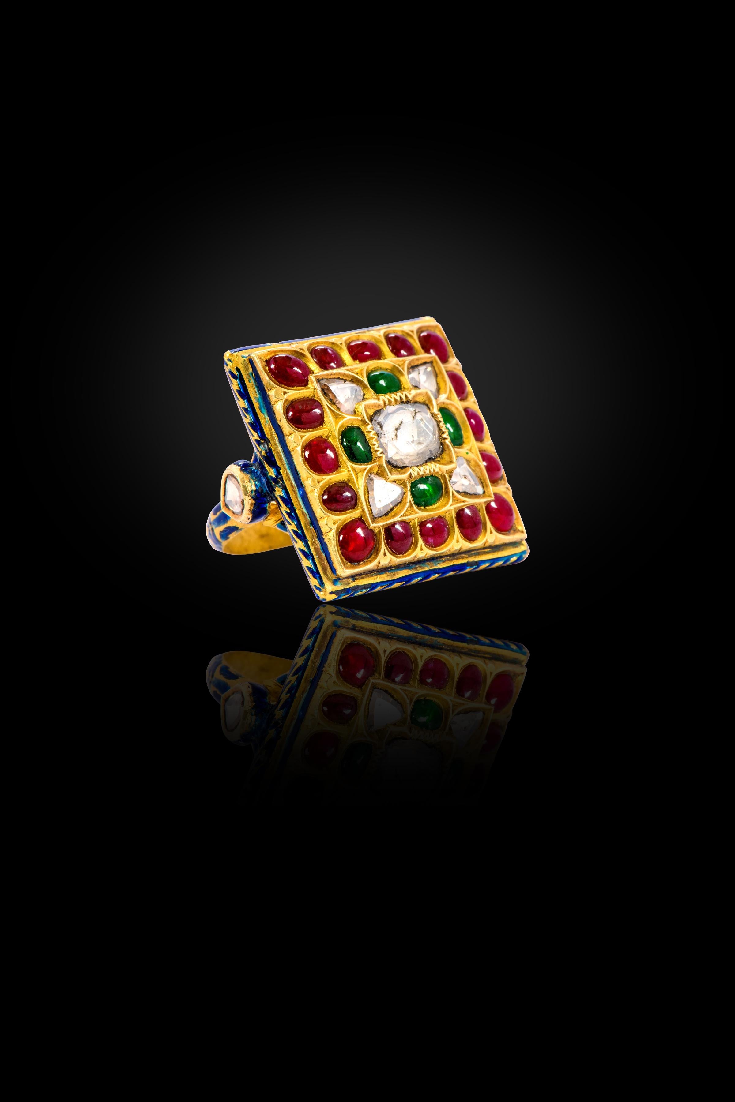 22 Karat Gold Handcrafted Cabochon Emerald, Ruby, and Diamond Cocktail Ring For Sale 5