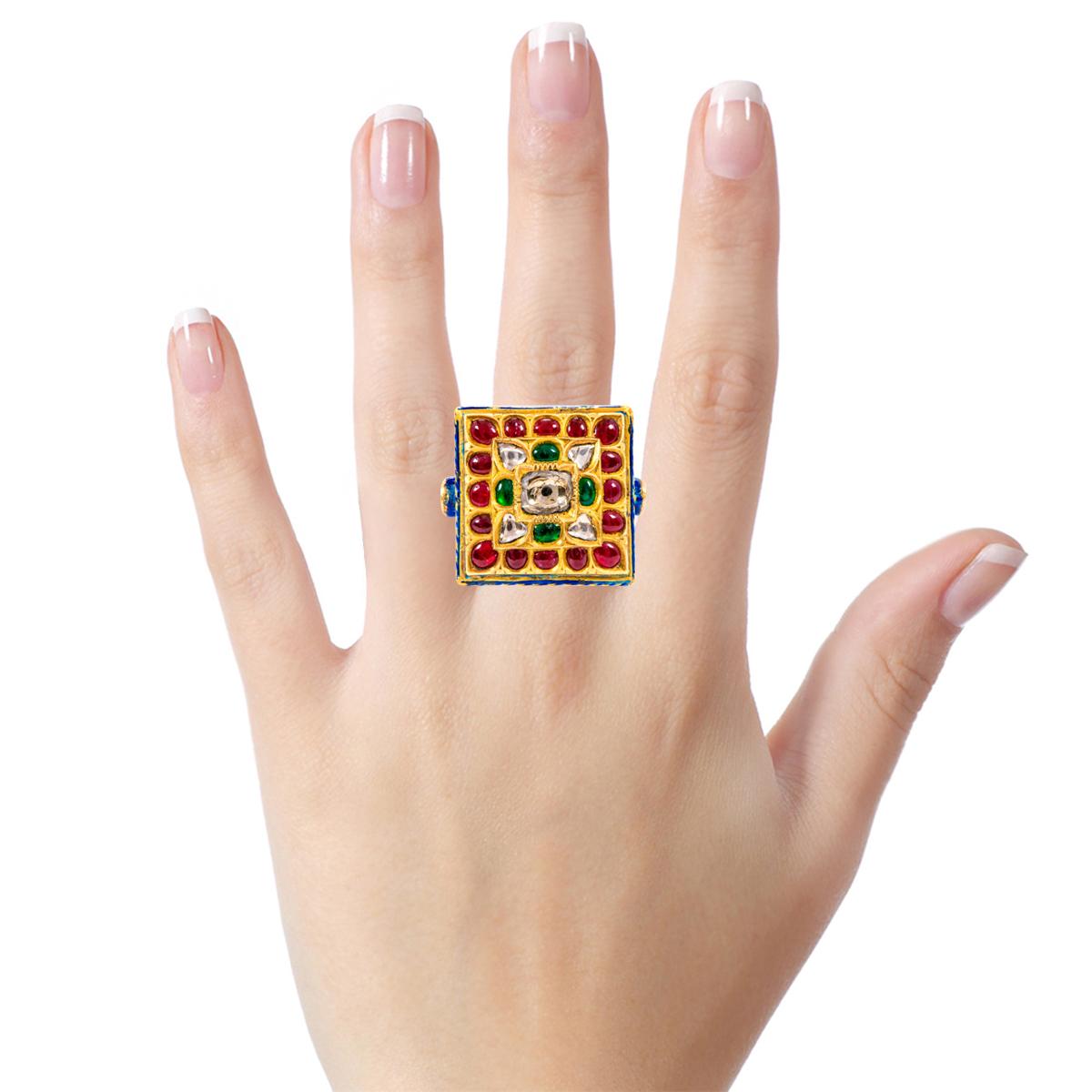 Women's 22 Karat Gold Handcrafted Cabochon Emerald, Ruby, and Diamond Cocktail Ring For Sale