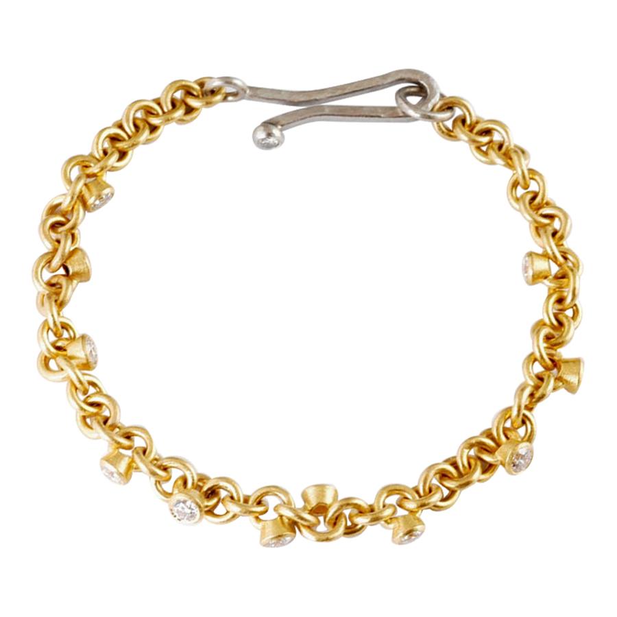 22 Karat Gold Handmade Link Bracelet with Brilliant Cut Diamond Charms For Sale