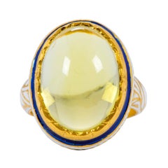 22 Karat Gold Lemon Topaz Cabochon Ring with White Enamel Work