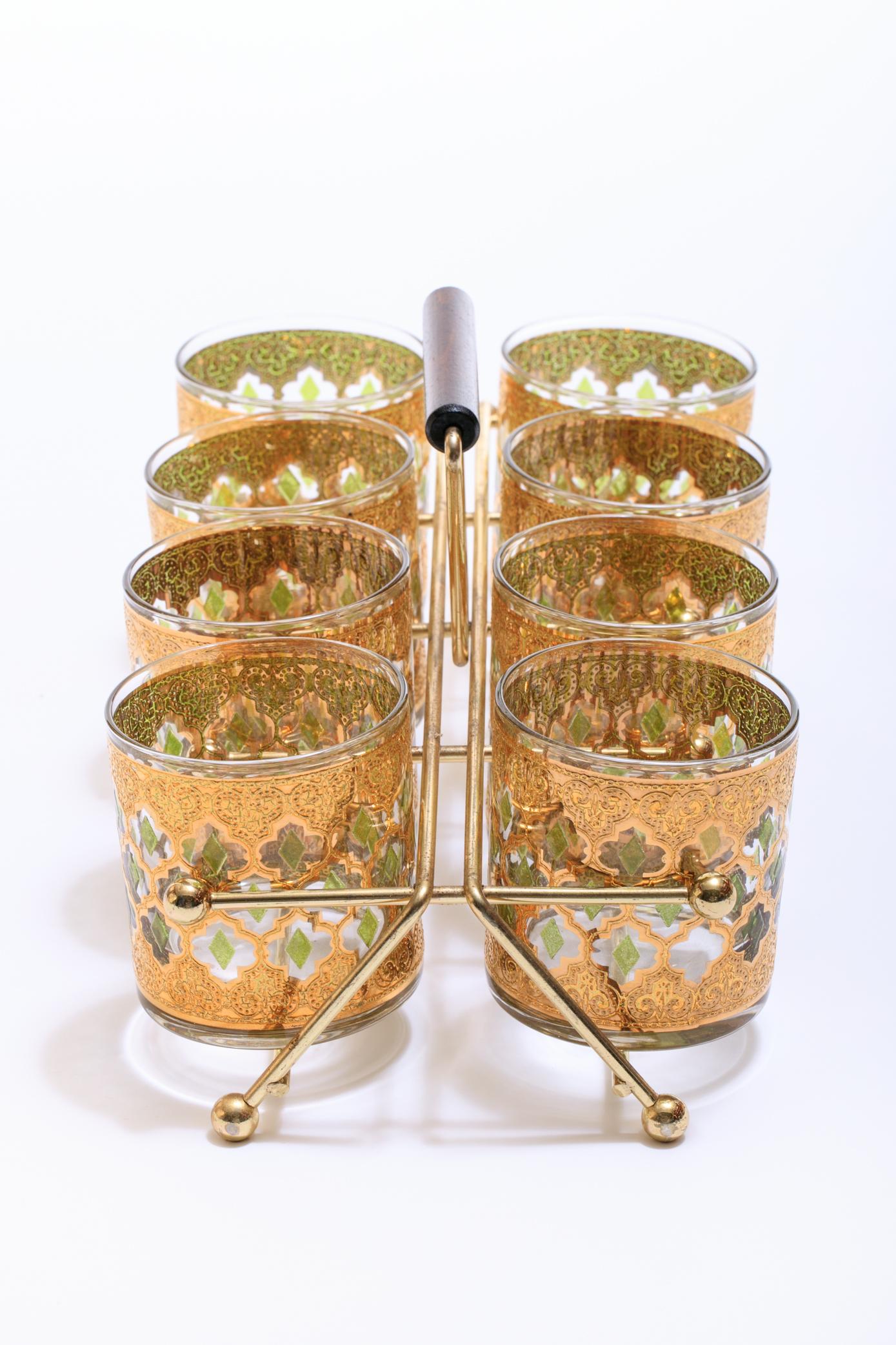 Beautiful set of Moroccan themed rocks glasses with original accompanying carrying tray. Glasses show no wear and are in great condition. Carrier shows light wear. This style was showcased in the feature film 