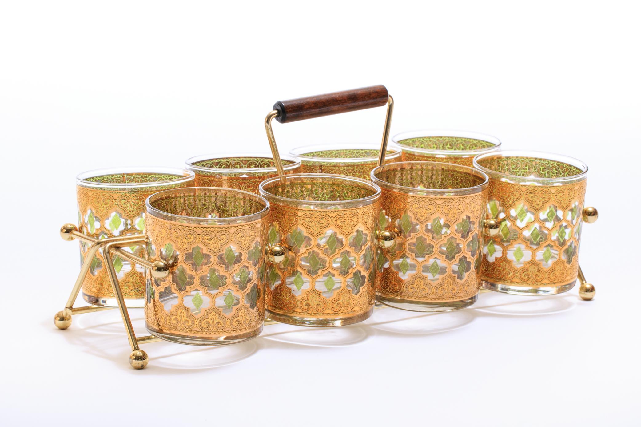 Hollywood Regency 22-Karat Gold Moroccan Themed Rocks Glasses with Carrying Tray, circa 1965