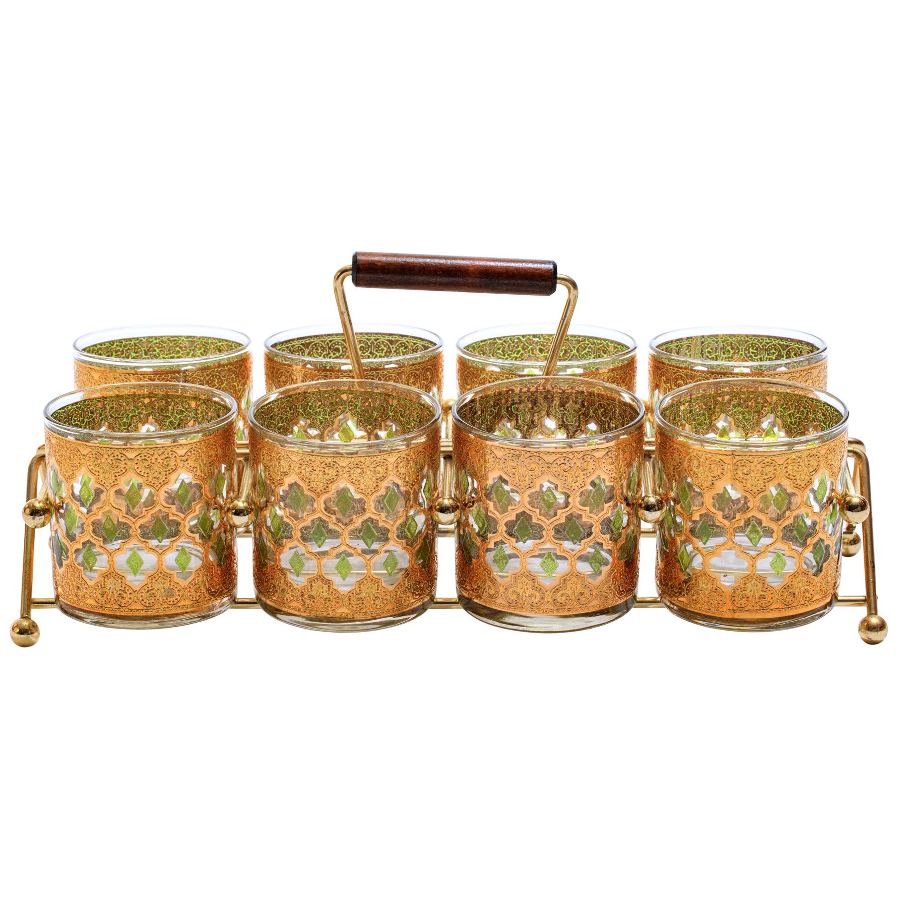 22-Karat Gold Moroccan Themed Rocks Glasses with Carrying Tray, circa 1965