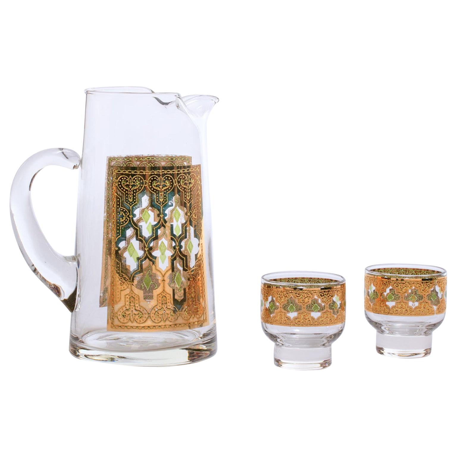 22-Karat Gold Moroccan Themed Vintage Beverage or Water Pitcher with Glasses