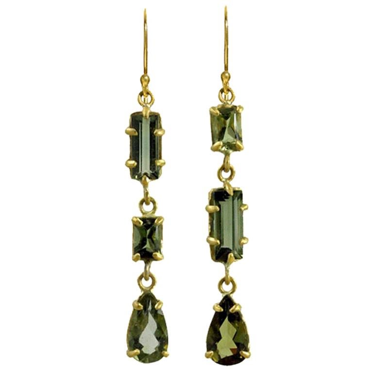 Margery Hirschey 22 Karat Gold Mossy Green Three-Stone Tourmaline Earrings For Sale