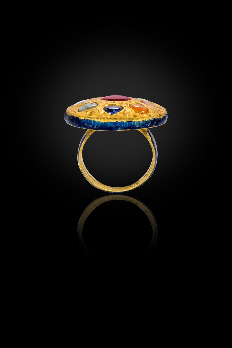 22 Karat Gold Nine Precious Gems Cocktail Ring with Blue Enamel Work ...