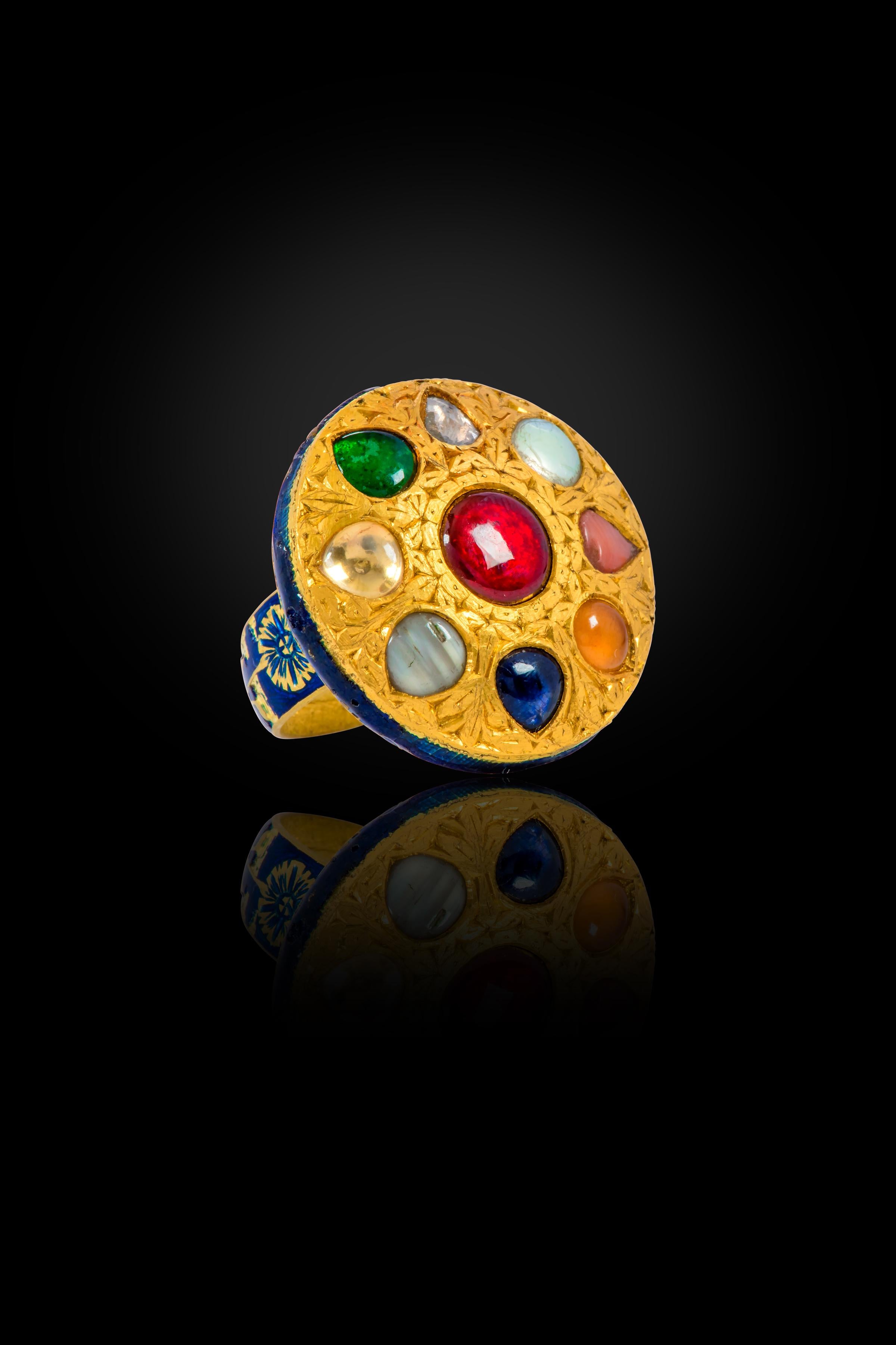 22 Karat Gold Nine Precious Gems Cocktail Ring with Blue Enamel Work For Sale 2