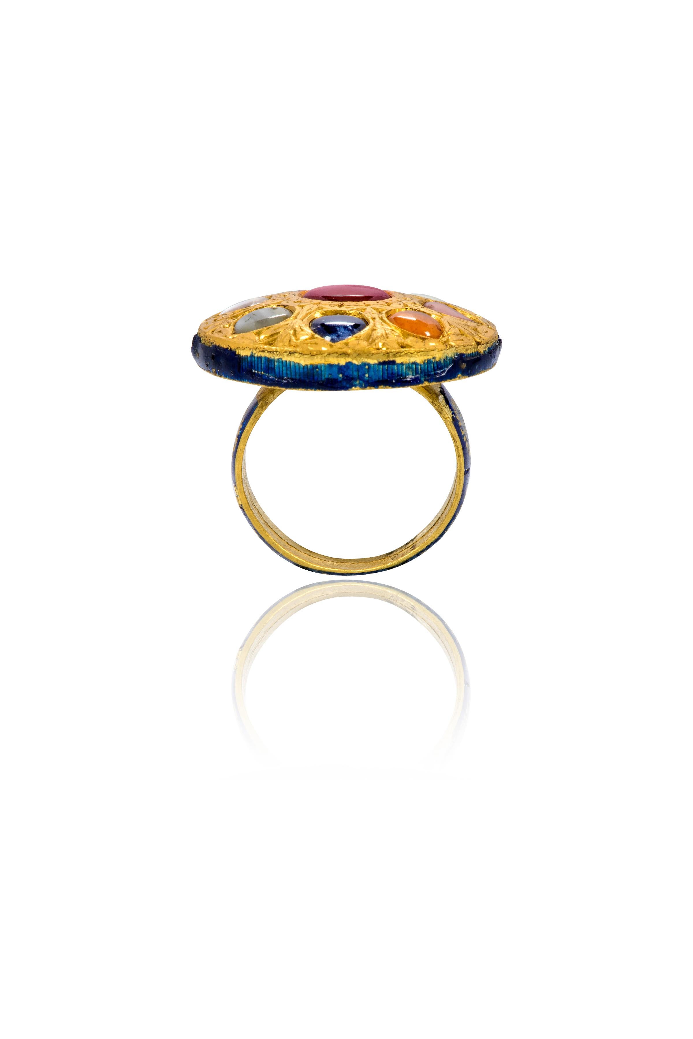 Anglo-Indian 22 Karat Gold Nine Precious Gems Cocktail Ring with Blue Enamel Work For Sale