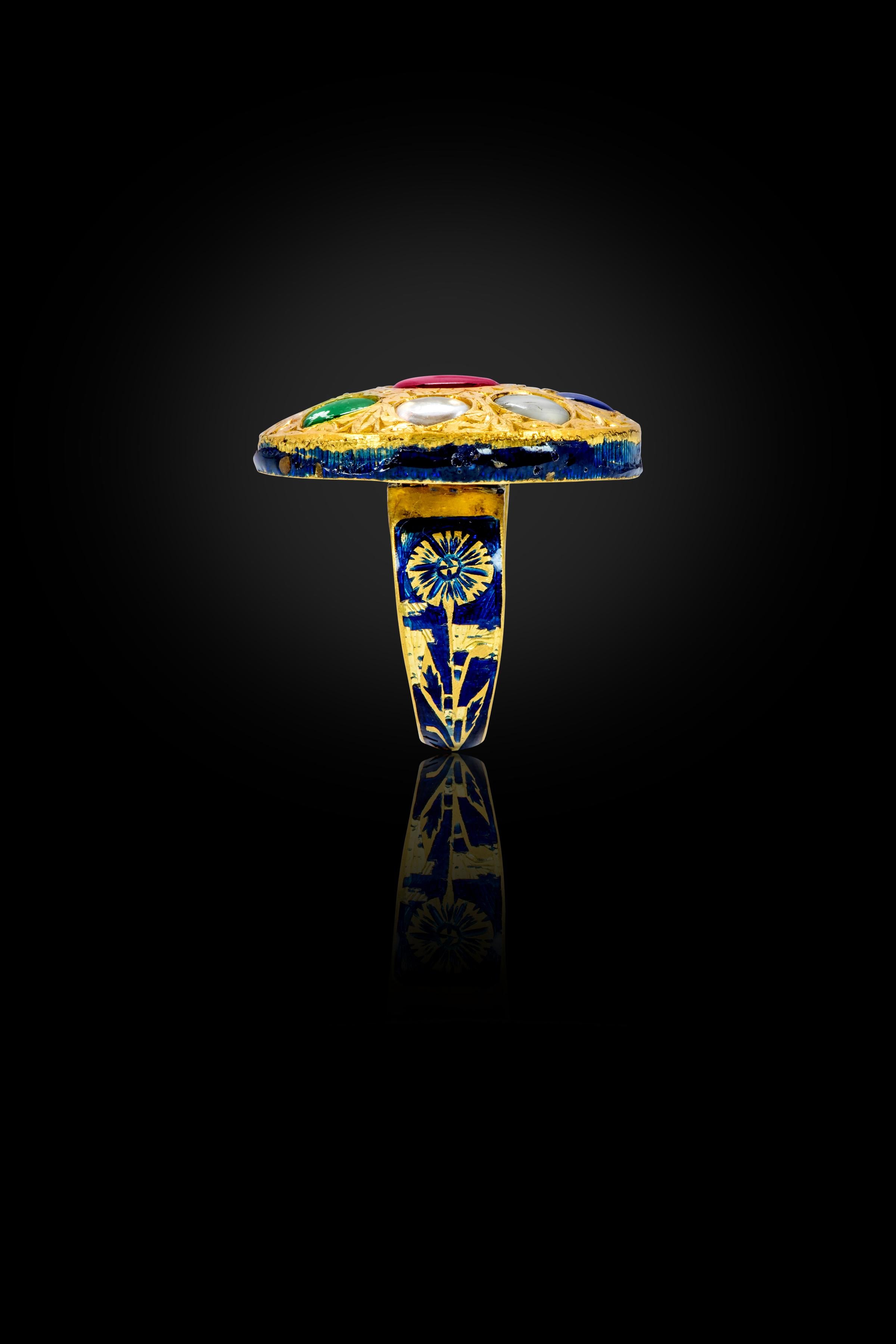 Women's 22 Karat Gold Nine Precious Gems Cocktail Ring with Blue Enamel Work