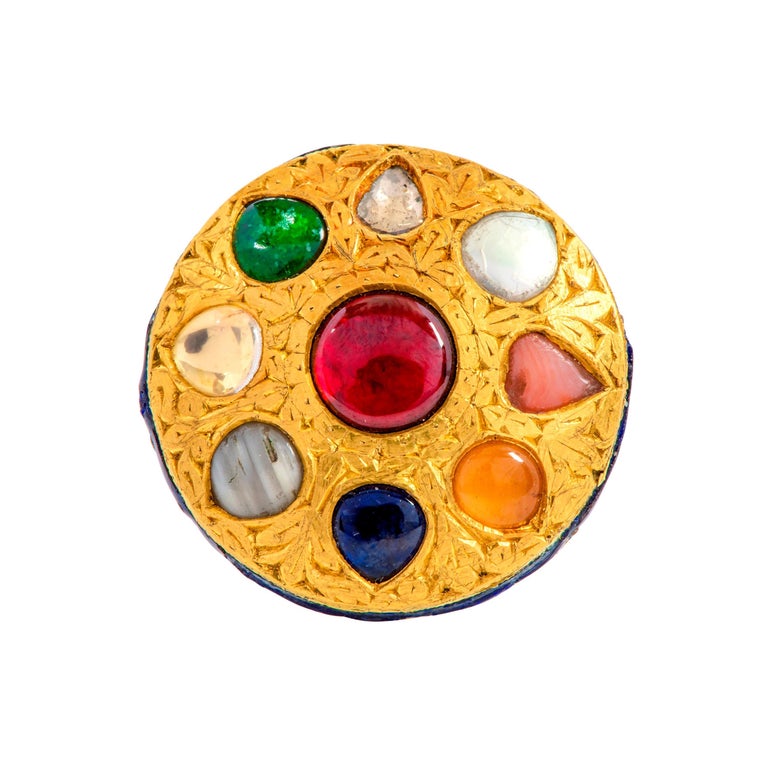 22 Karat Gold Nine Precious Gems Cocktail Ring with Blue Enamel Work ...