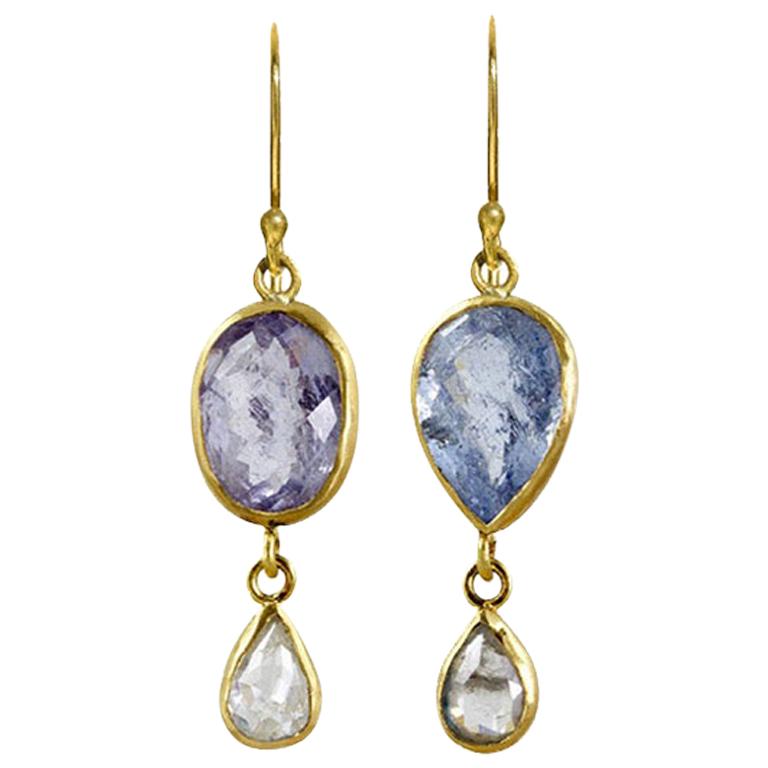 Margery Hirschey 22k Gold Pastel Blue Beryl and Rose Cut Diamond Drop Earrings For Sale