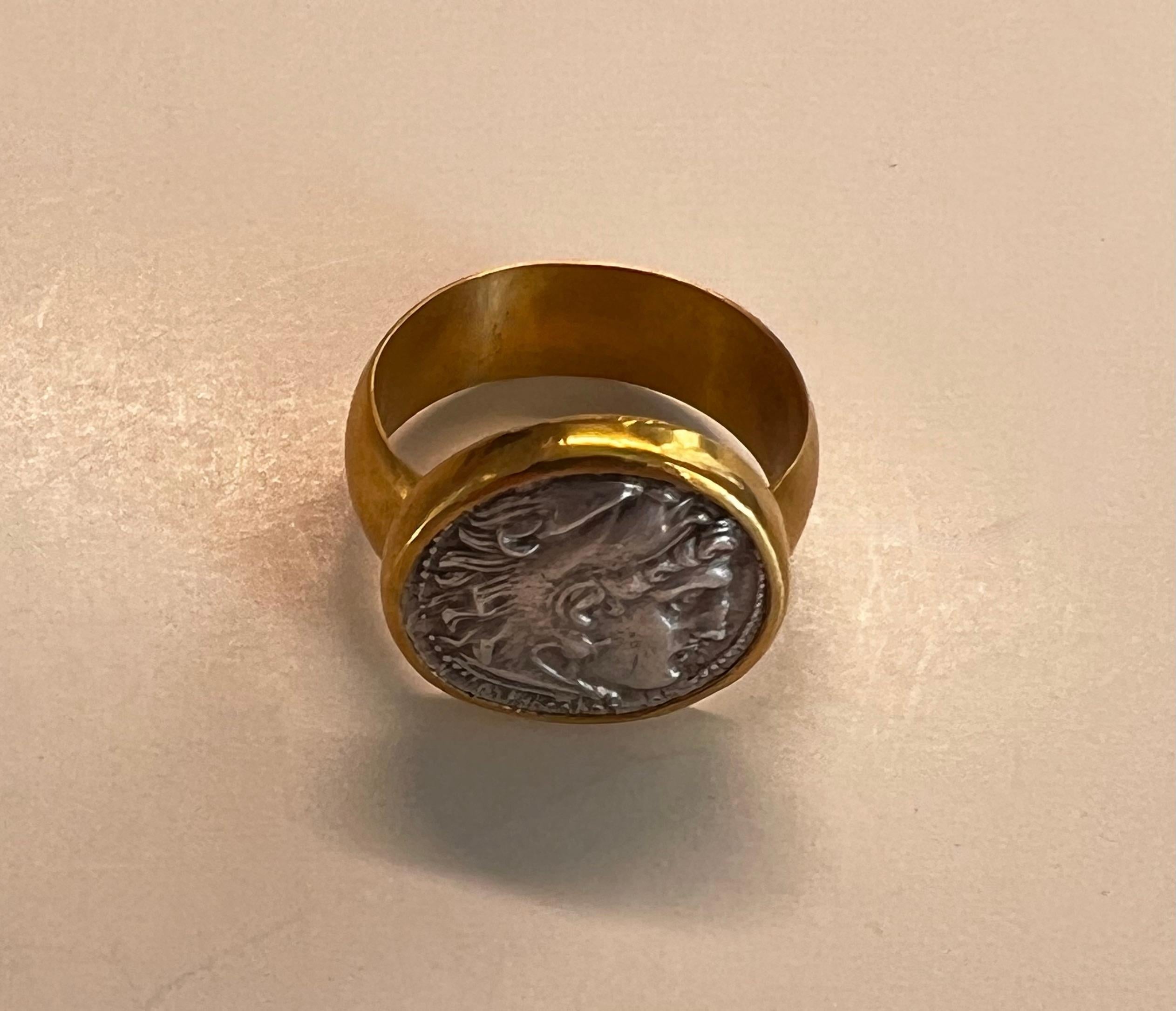 Women's or Men's 22 Karat Gold Ring with Ancient Silver Coin For Sale