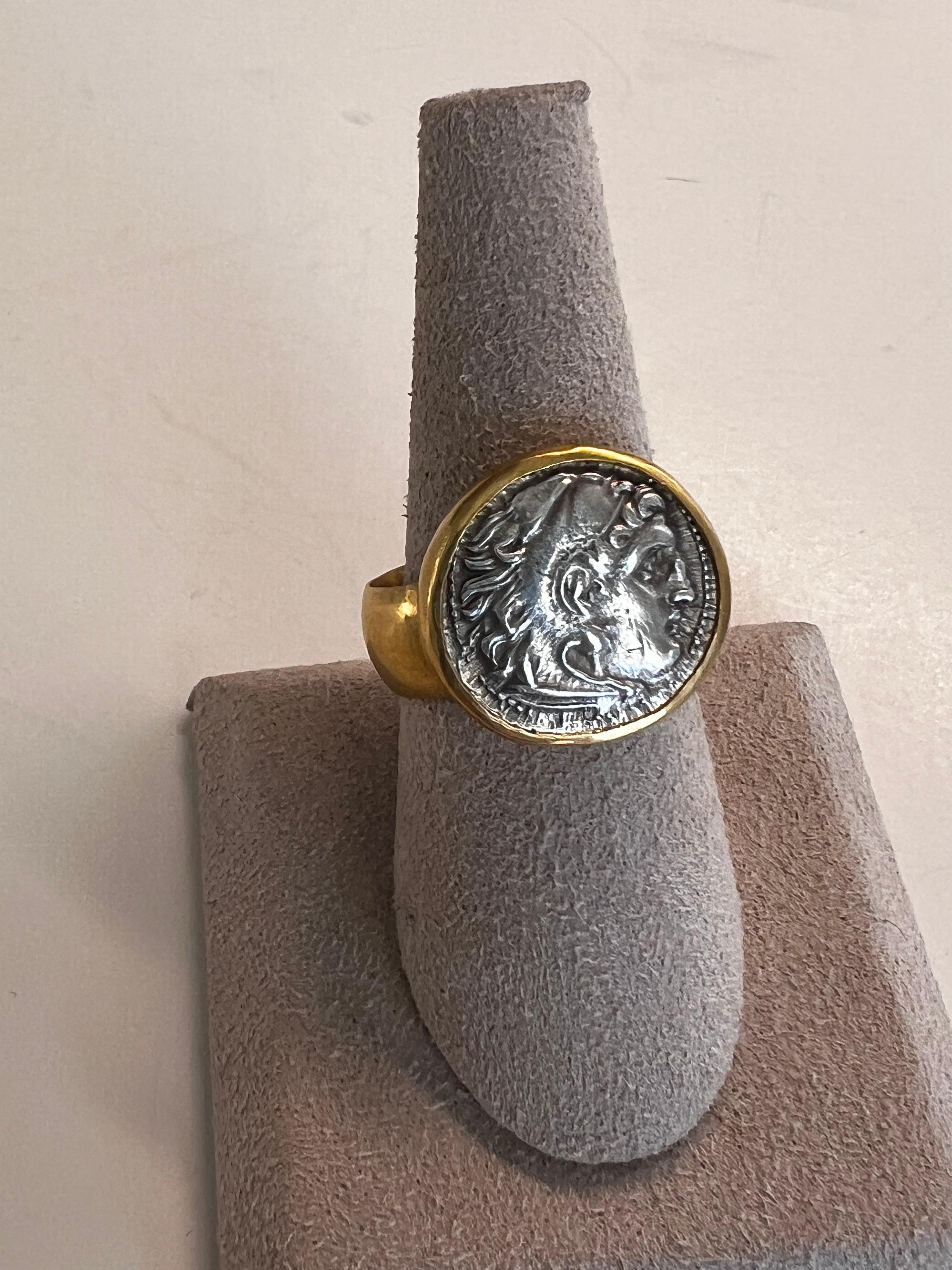 Women's or Men's 22 Karat Gold Ring with Ancient Silver Coin For Sale