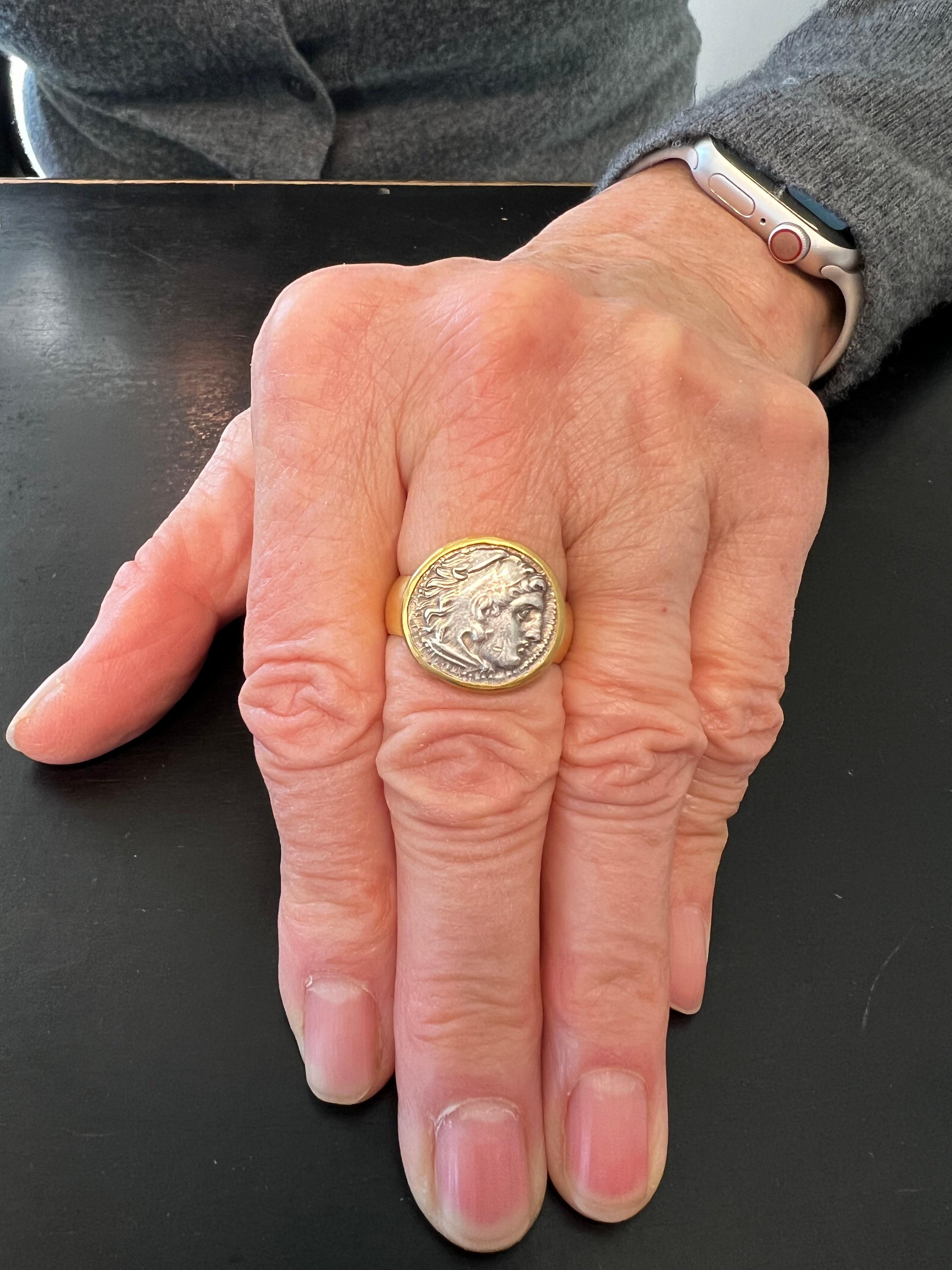 Women's or Men's 22 Karat Gold Ring with Ancient Silver Coin For Sale