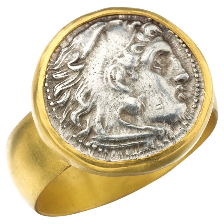 22 Karat Gold Ring with Ancient Silver Coin For Sale