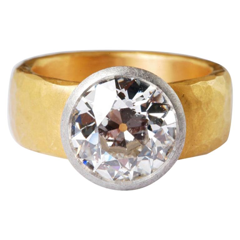 22 Karat Gold Ring with Platinum Set Antique Old Cut Diamond 3.01 Carat For Sale