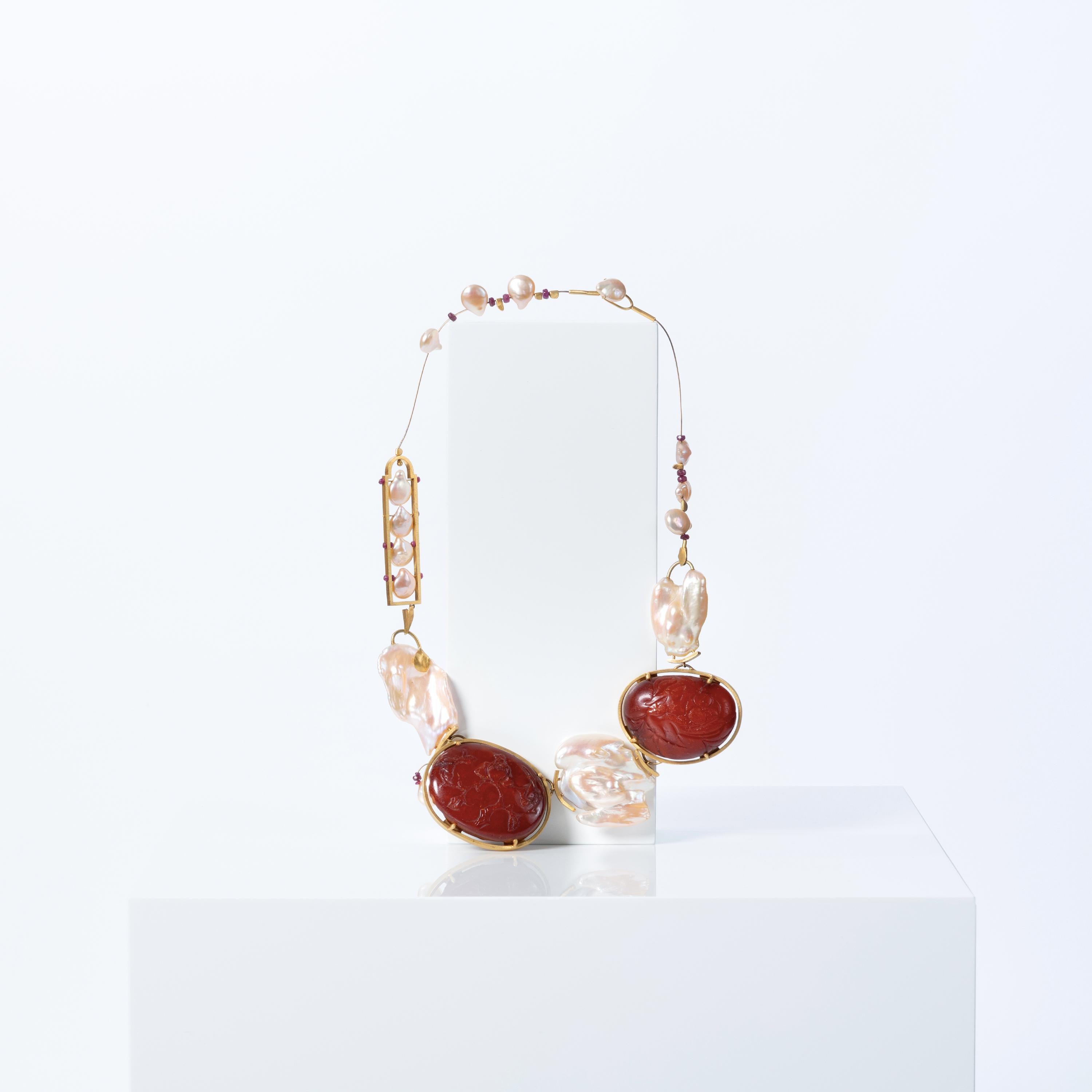 Artist One-of-a-kind Artisan 22k Gold, Rubies, Baroque Pearls and Baltic Amber Necklace For Sale