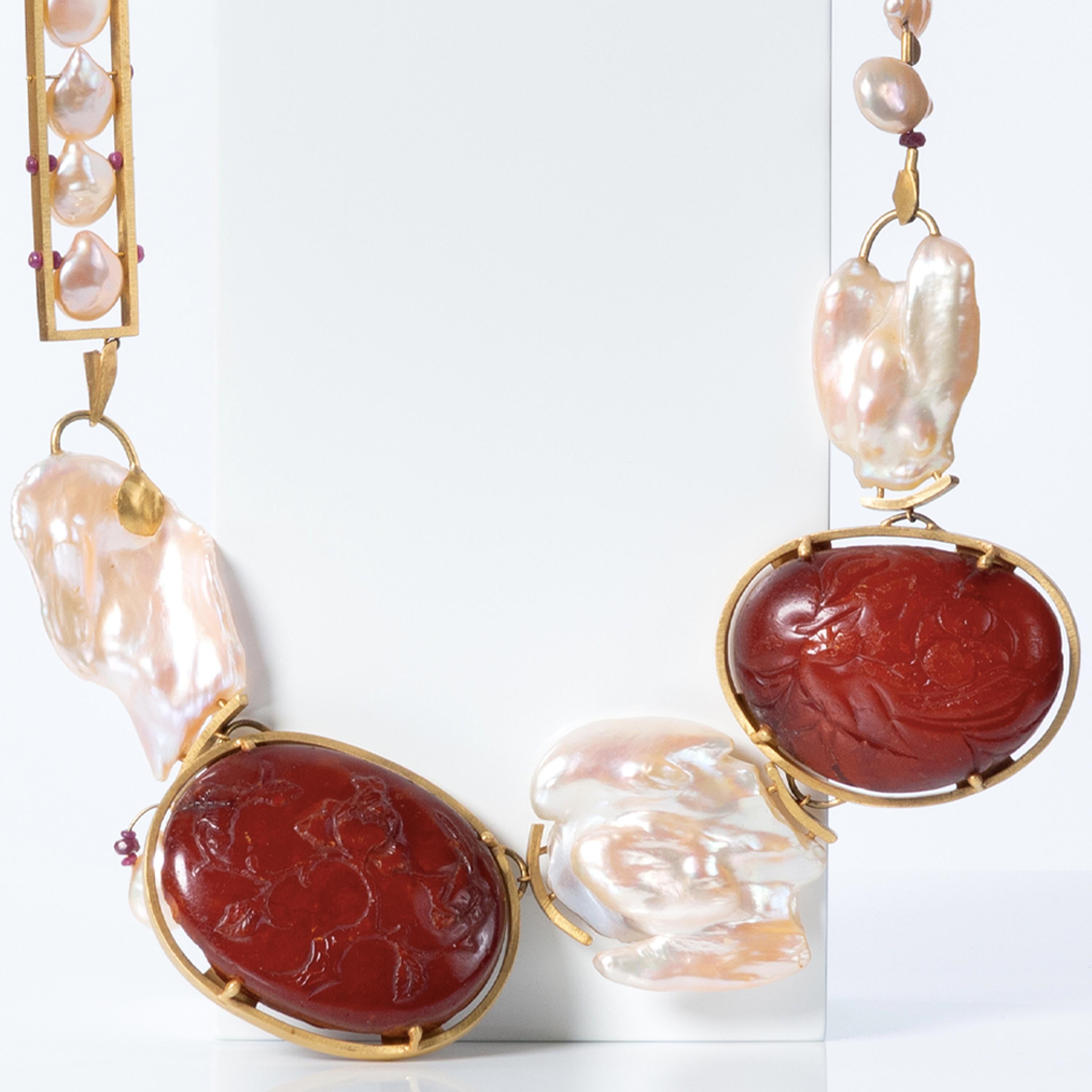 Cabochon One-of-a-kind Artisan 22k Gold, Rubies, Baroque Pearls and Baltic Amber Necklace For Sale