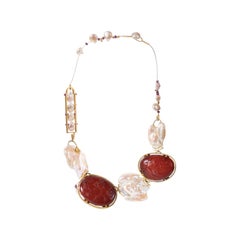 One-of-a-kind Artisan 22k Gold, Rubies, Baroque Pearls and Baltic Amber Necklace