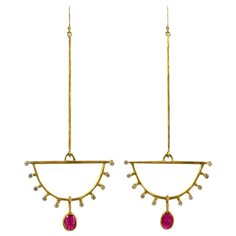 Margery Hirschey 22 Karat Gold Ruby and Diamond Fan Earrings For Sale