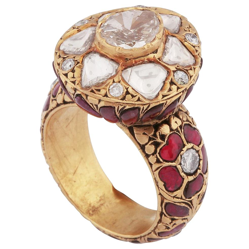 22 Karat Gold Ruby and Uncut Diamond Ring in an Antique Finish