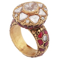 22 Karat Gold Ruby and Uncut Diamond Ring in an Antique Finish