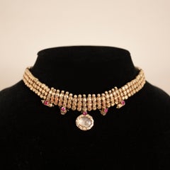 22 Karat Gold, Ruby, Crystal Choker Necklace from India