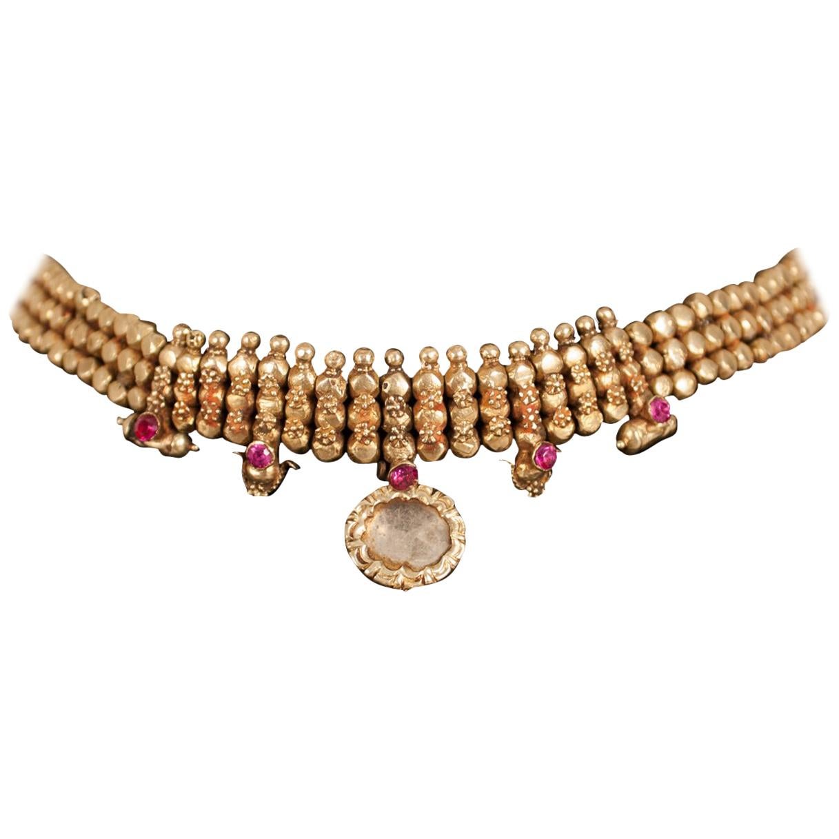 22 Karat Gold, Ruby, Crystal Choker Necklace from India For Sale