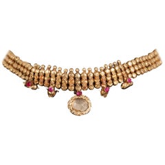 Vintage 22 Karat Gold, Ruby, Crystal Choker Necklace from India
