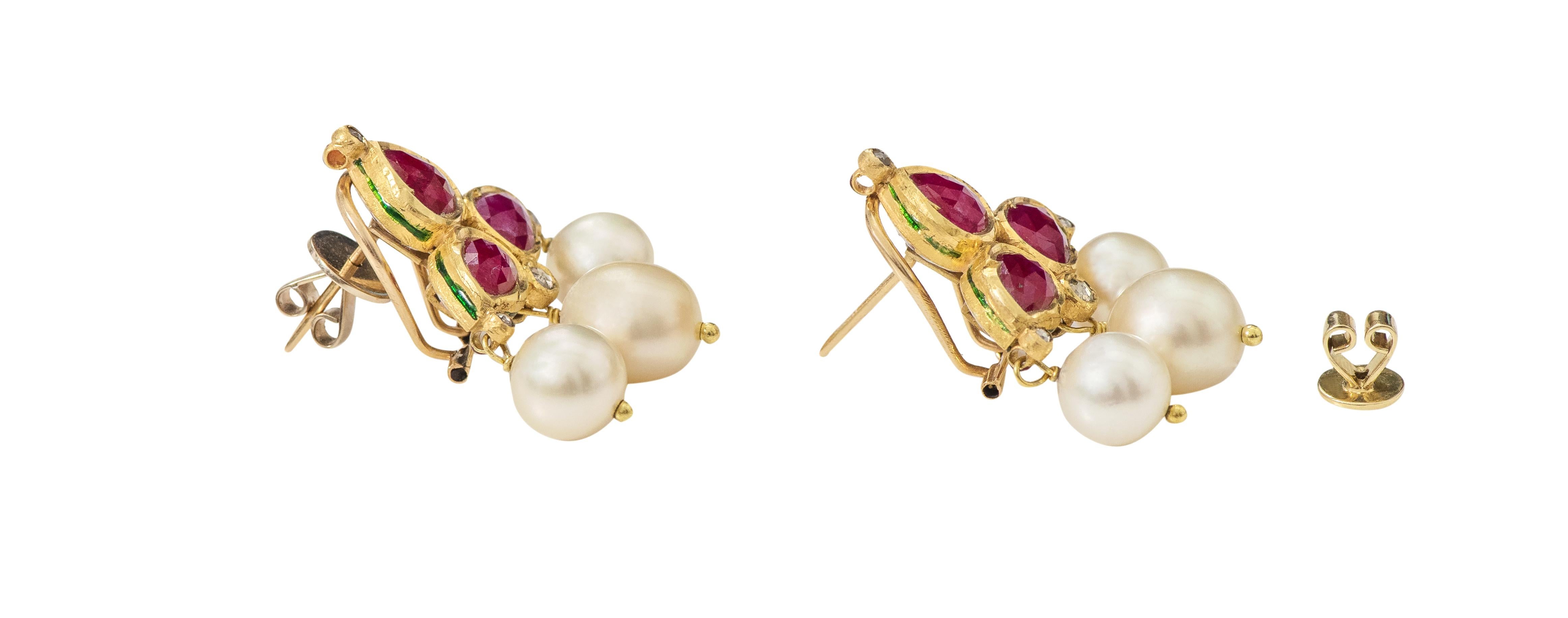 Rose Cut 22 Karat Gold Ruby, Diamond, and Pearl Stud Earring Enamel Work Handcrafted For Sale