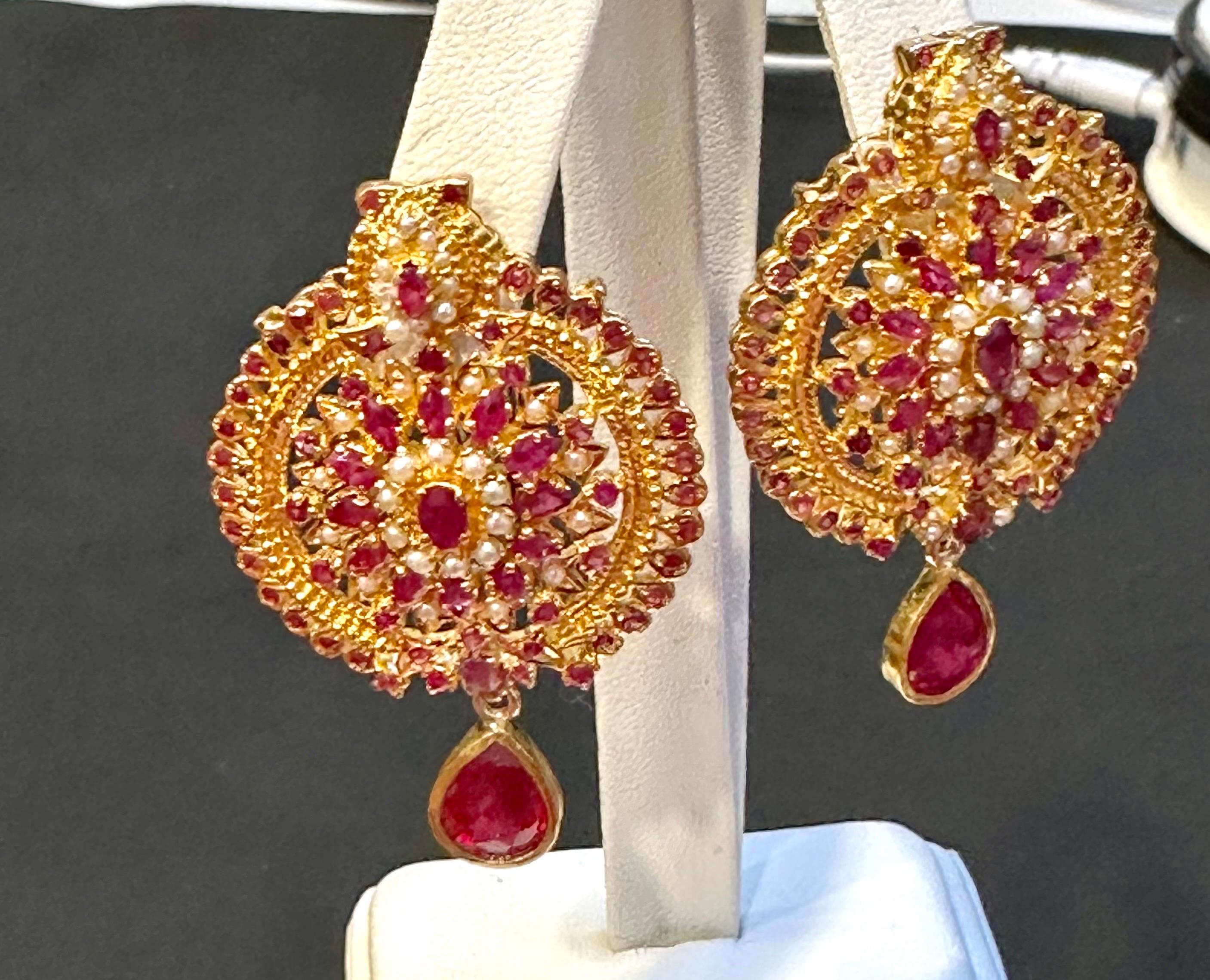 22 Karat Gold Ruby & Natural Pearl Yellow Gold Circle Stud Earring, Hanging Ruby For Sale 2