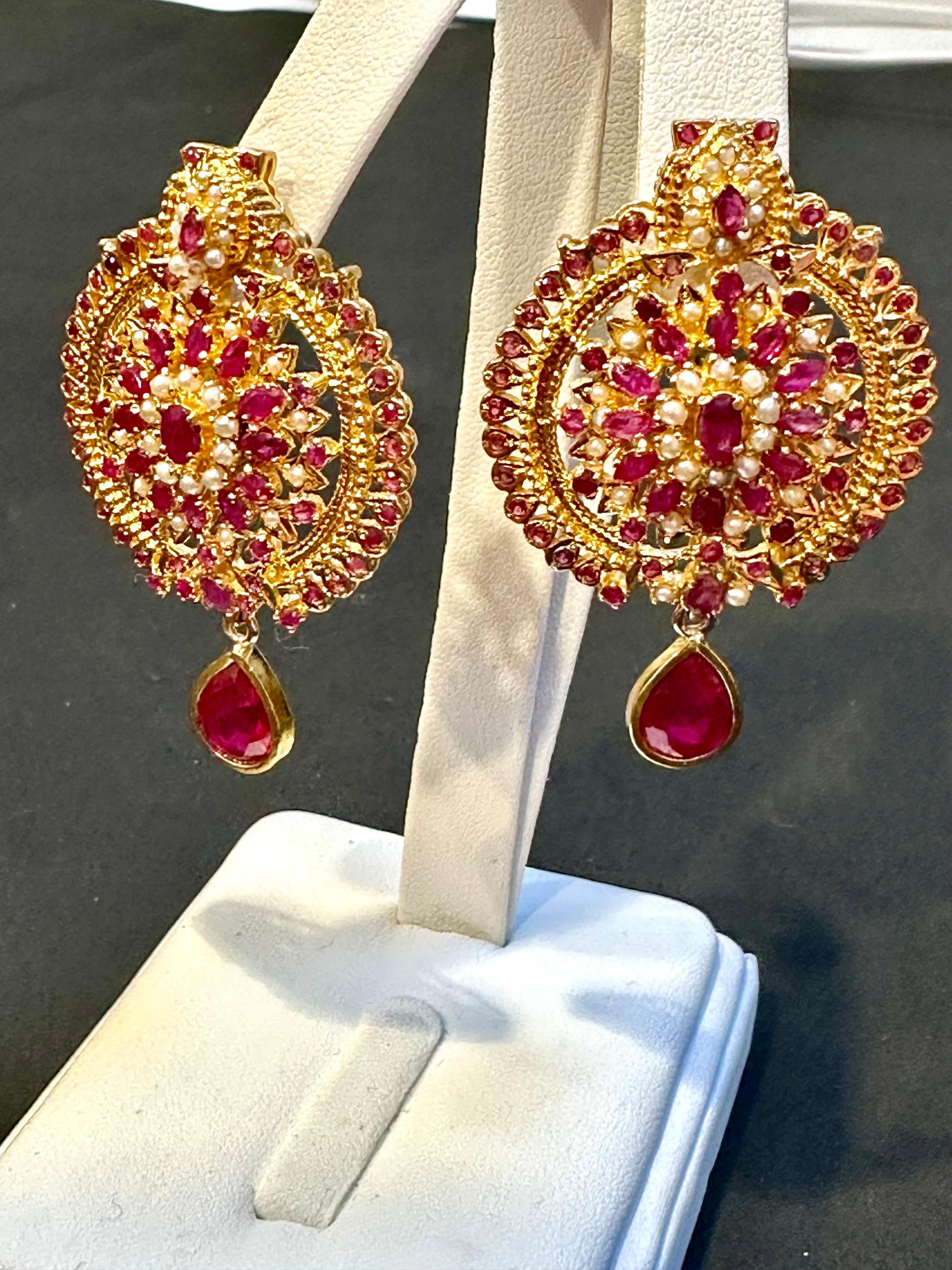 22 Karat Gold Ruby & Natural Pearl Yellow Gold Circle Stud Earring, Hanging Ruby For Sale 3