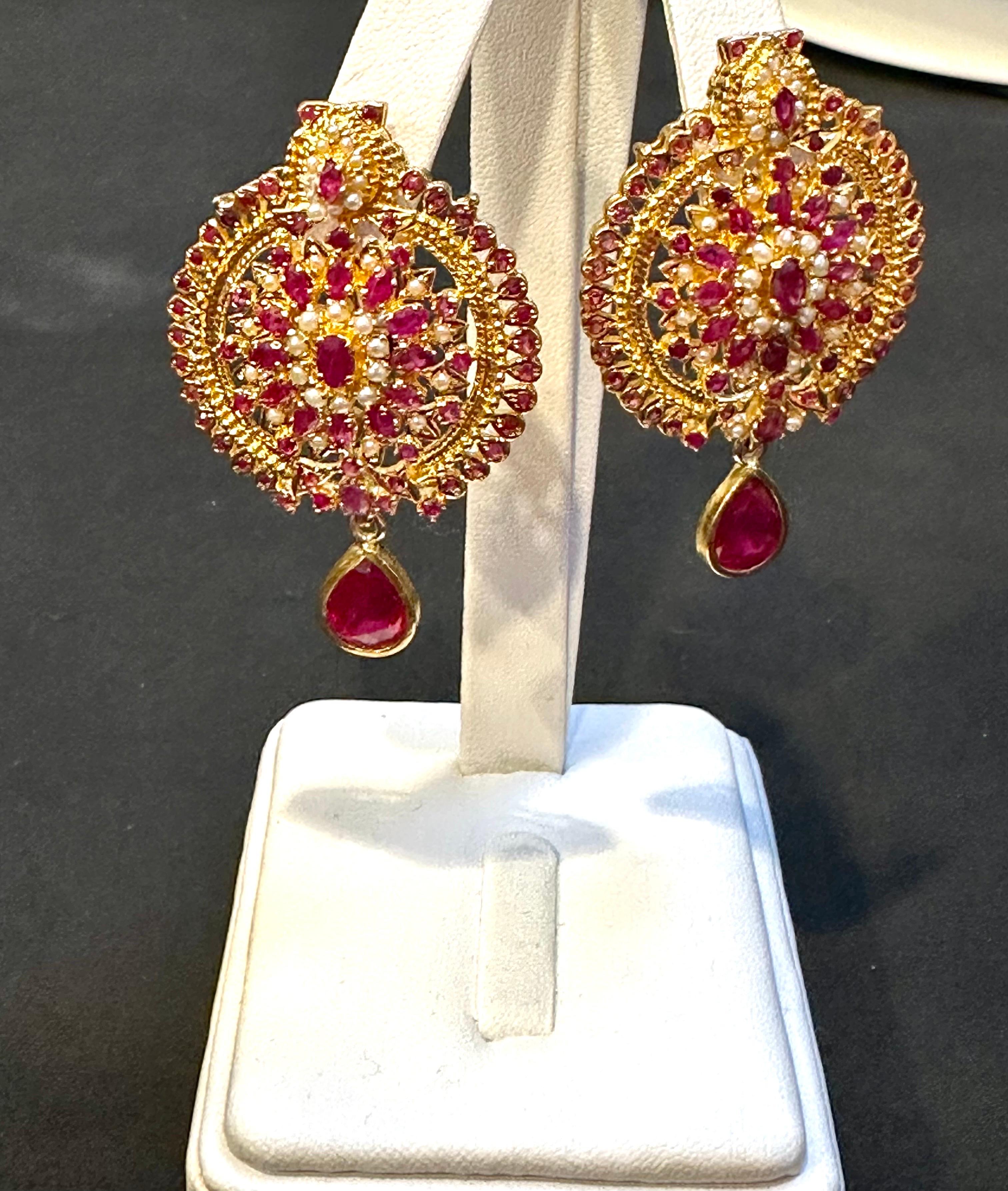 22 Karat Gold Ruby & Natural Pearl Yellow Gold Circle Stud Earring, Hanging Ruby For Sale 4