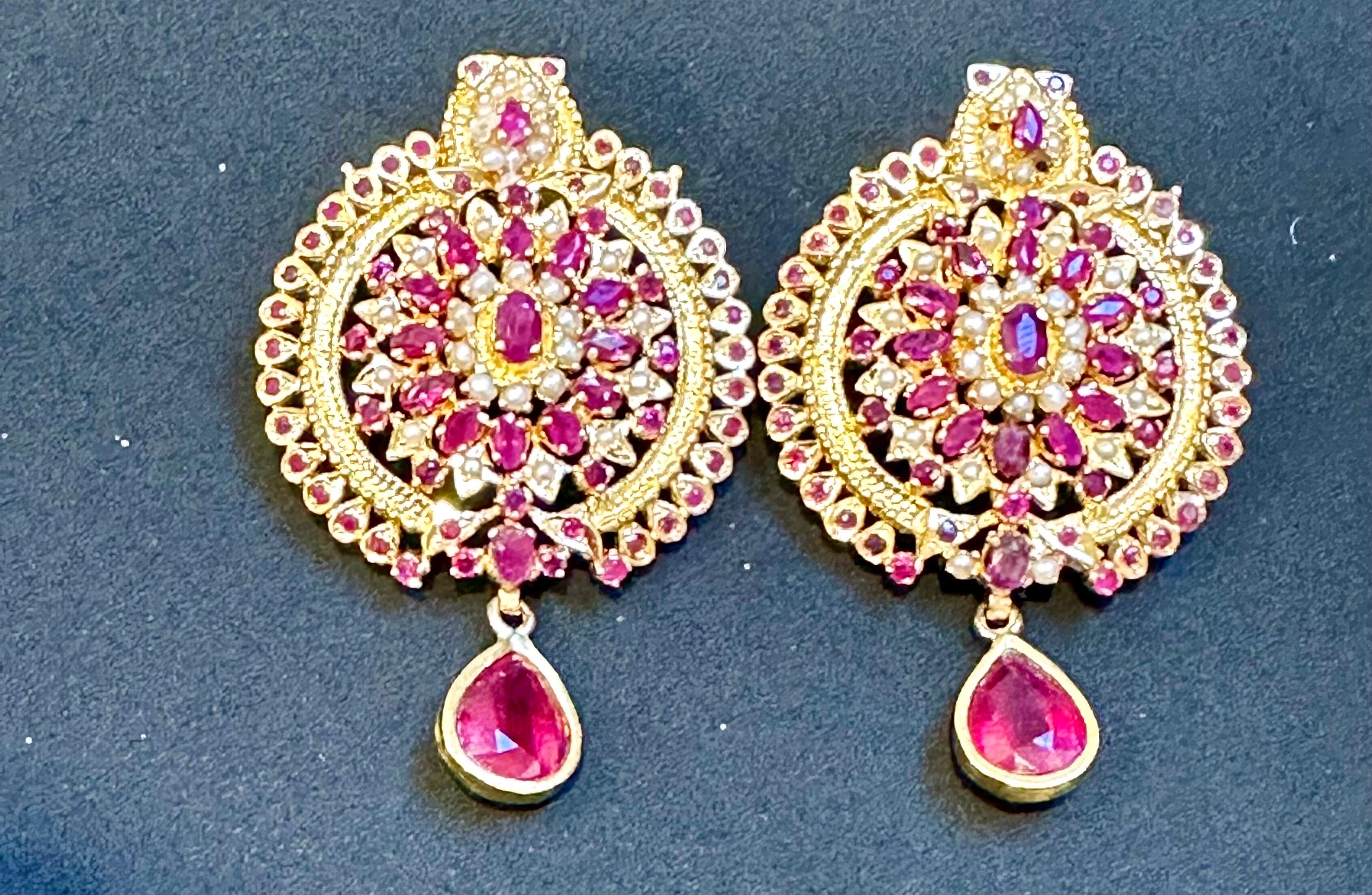 22 Karat Gold Ruby & Natural Pearl Yellow Gold Circle Stud Earring, Hanging Ruby For Sale 5