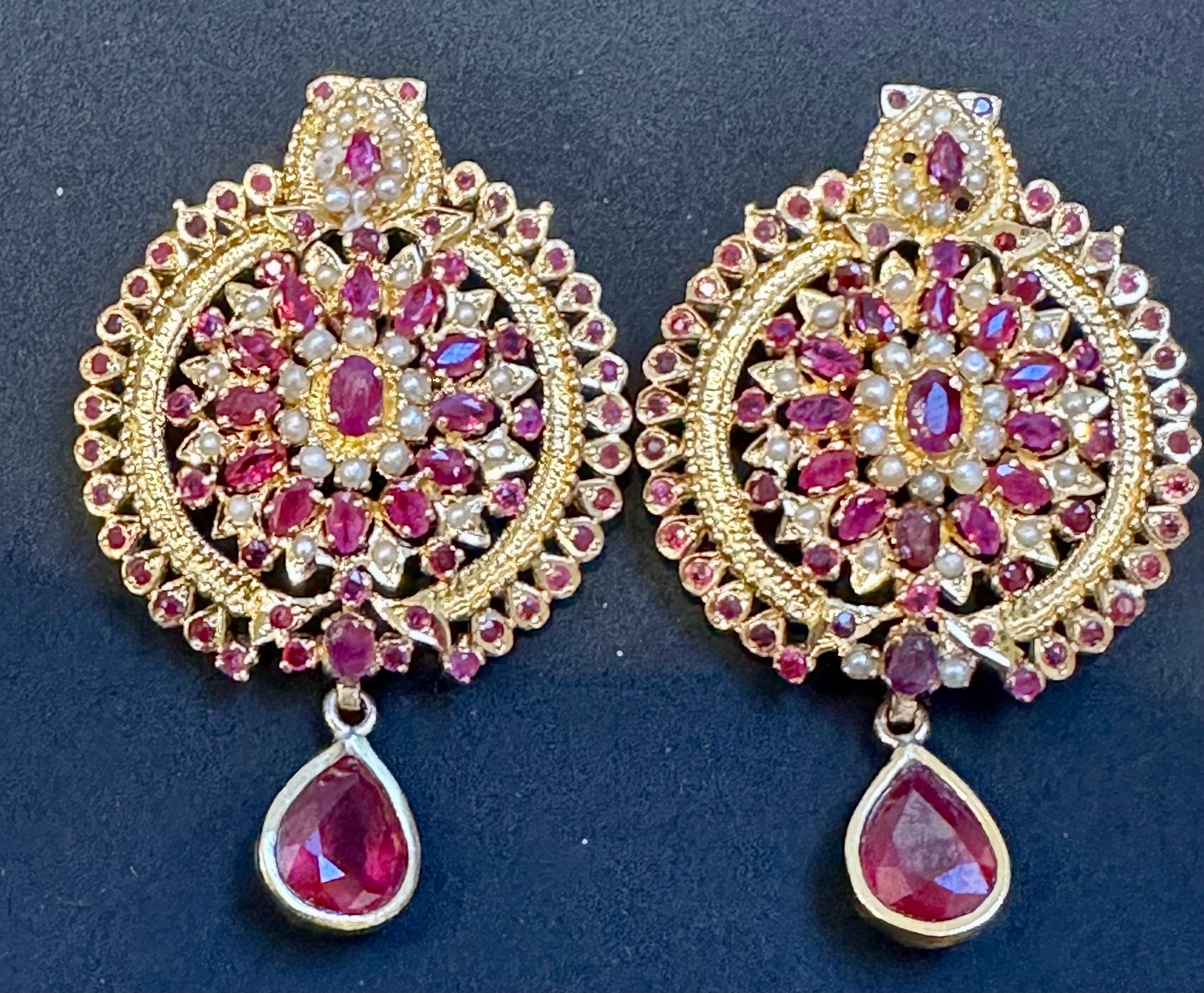 22 Karat Gold Ruby & Natural Pearl Yellow Gold Circle Stud Earring, Hanging Ruby For Sale 6