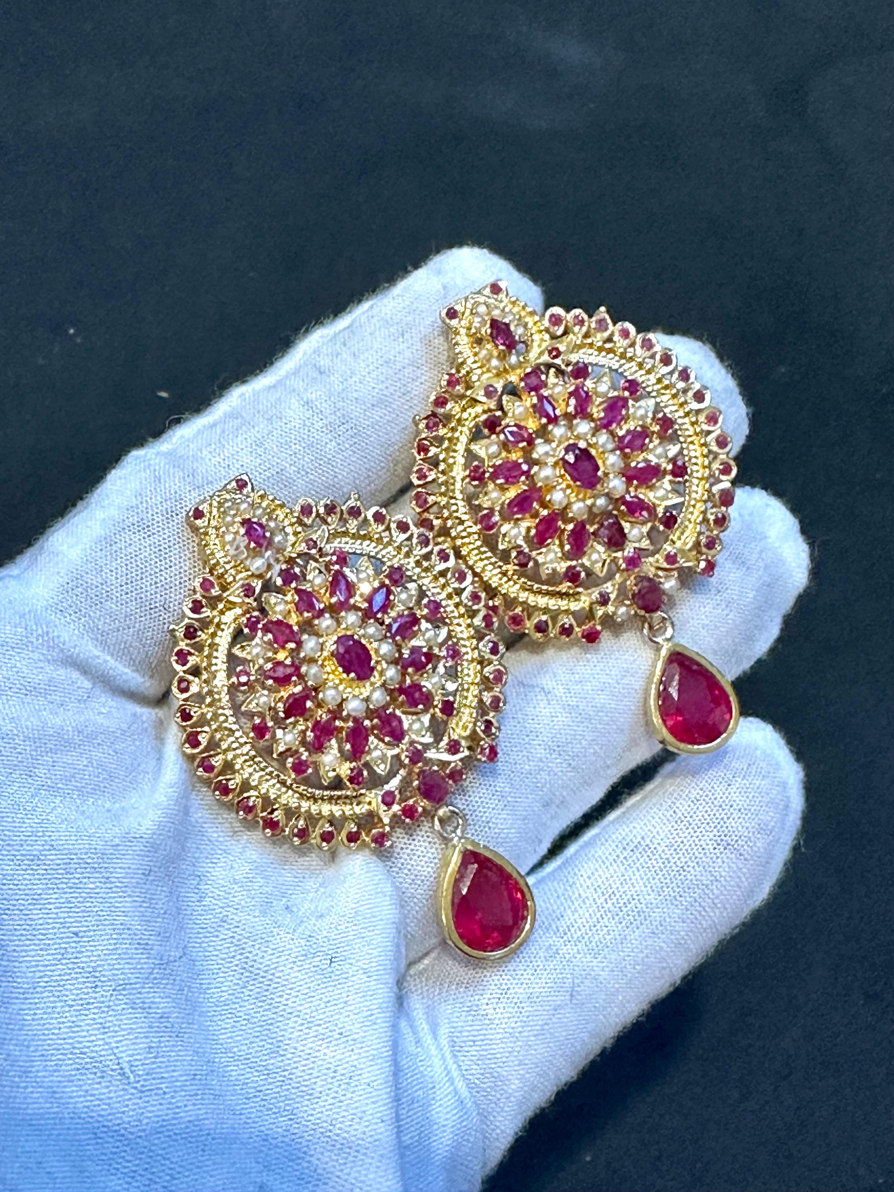Pear Cut 22 Karat Gold Ruby & Natural Pearl Yellow Gold Circle Stud Earring, Hanging Ruby For Sale