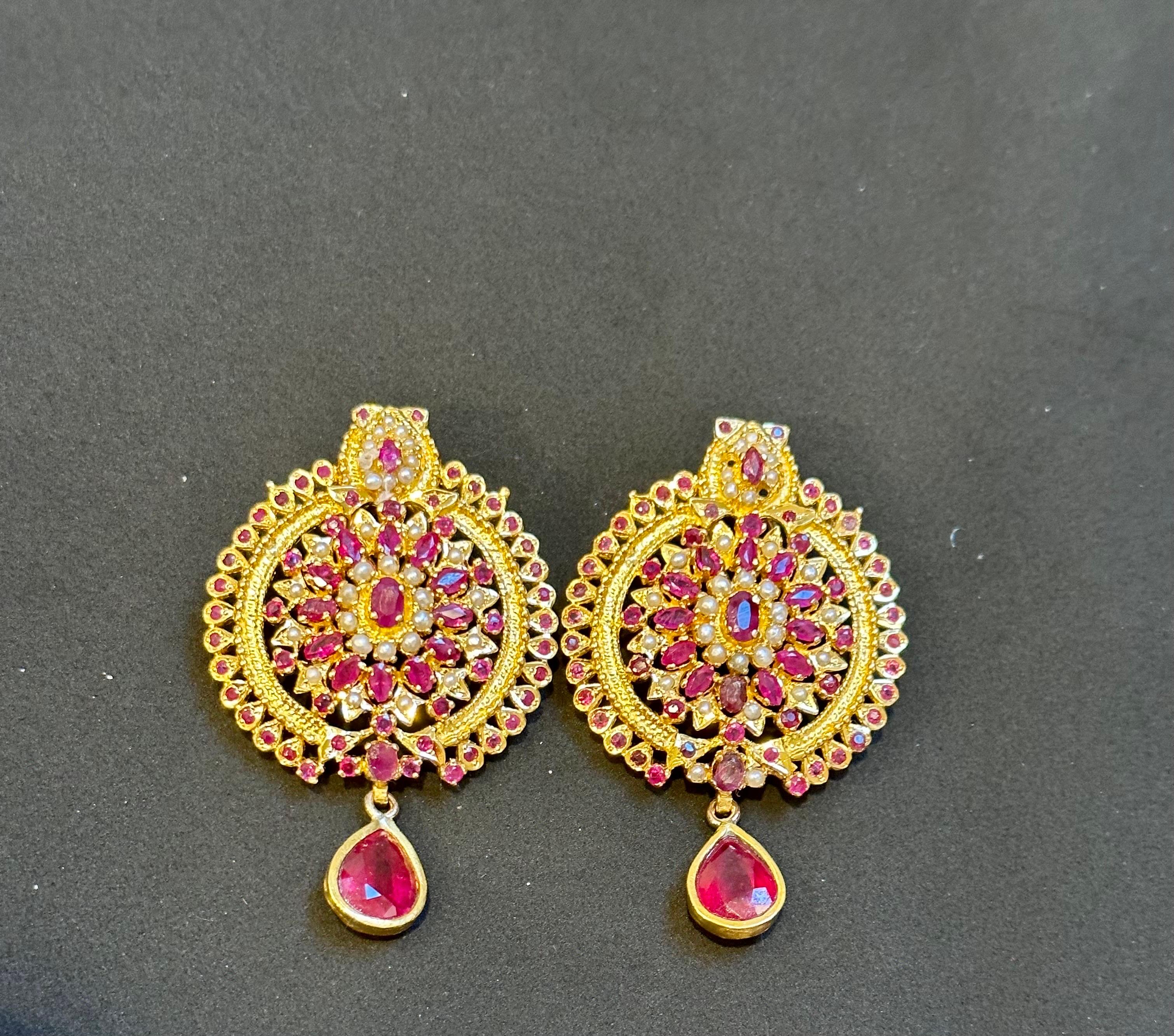 Women's 22 Karat Gold Ruby & Natural Pearl Yellow Gold Circle Stud Earring, Hanging Ruby For Sale