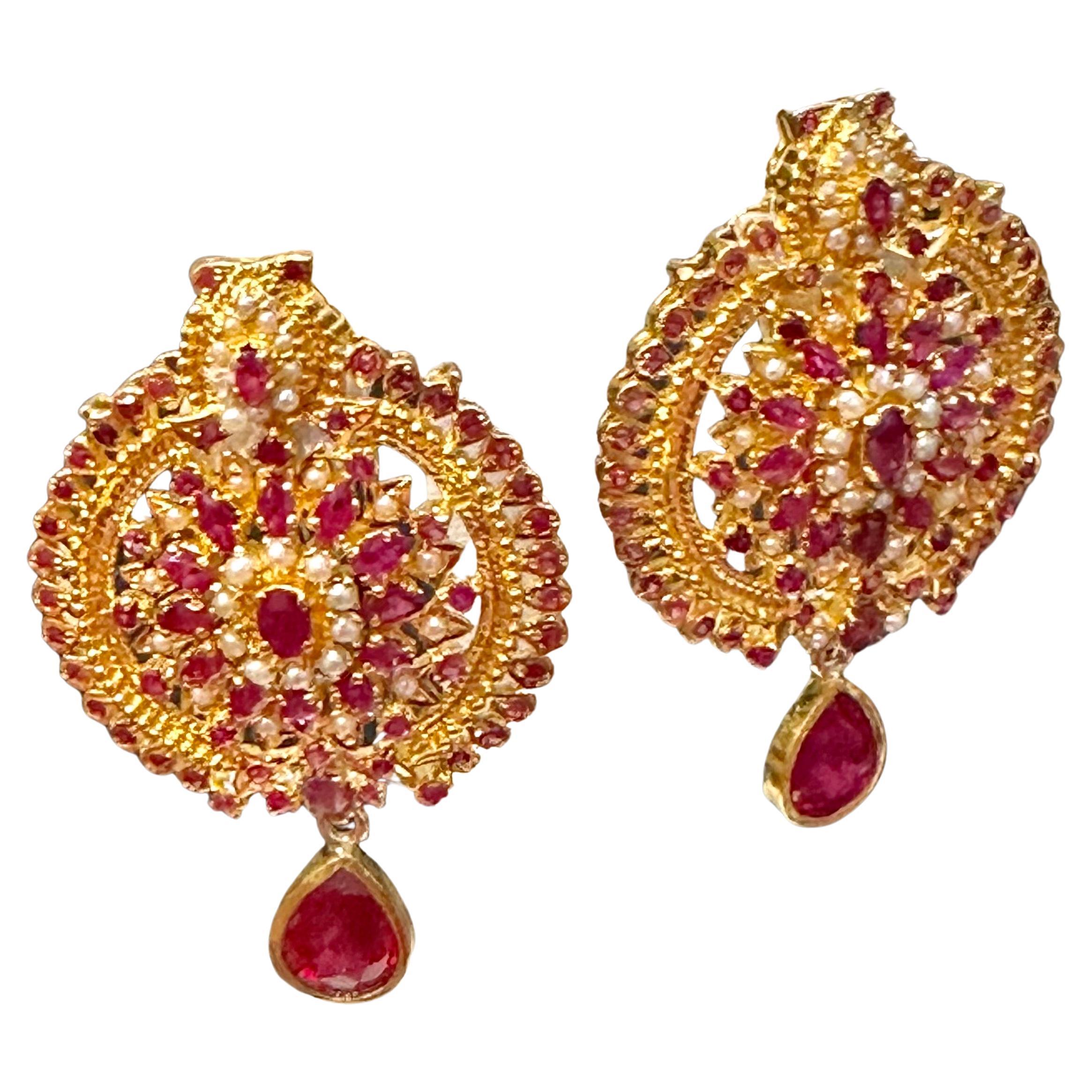 22 Karat Gold Ruby & Natural Pearl Yellow Gold Circle Stud Earring, Hanging Ruby For Sale