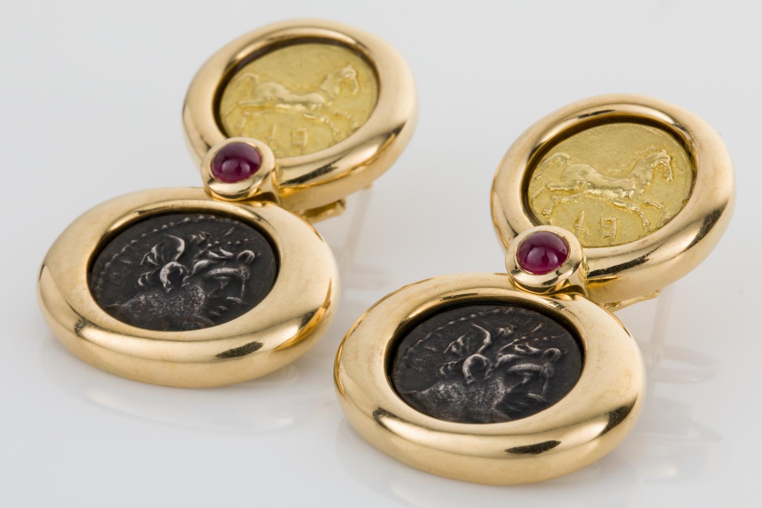Classical Roman 22 Karat Gold, Silver French Coin and Ruby Drop Earrings