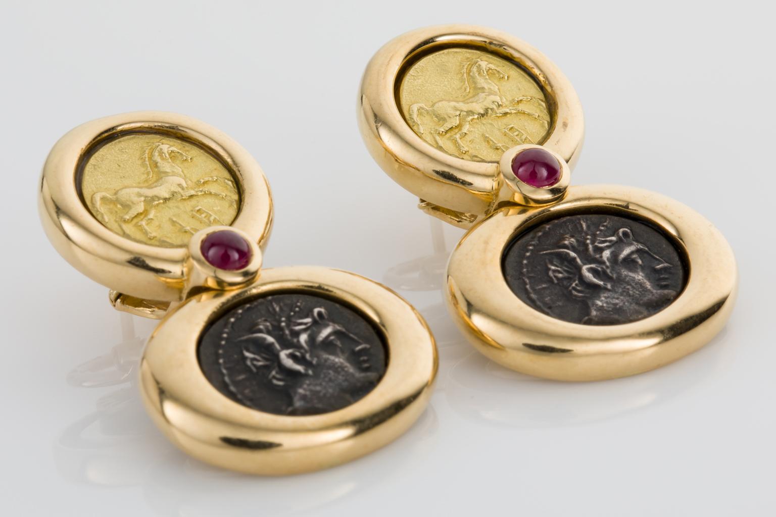 Round Cut 22 Karat Gold, Silver French Coin and Ruby Drop Earrings