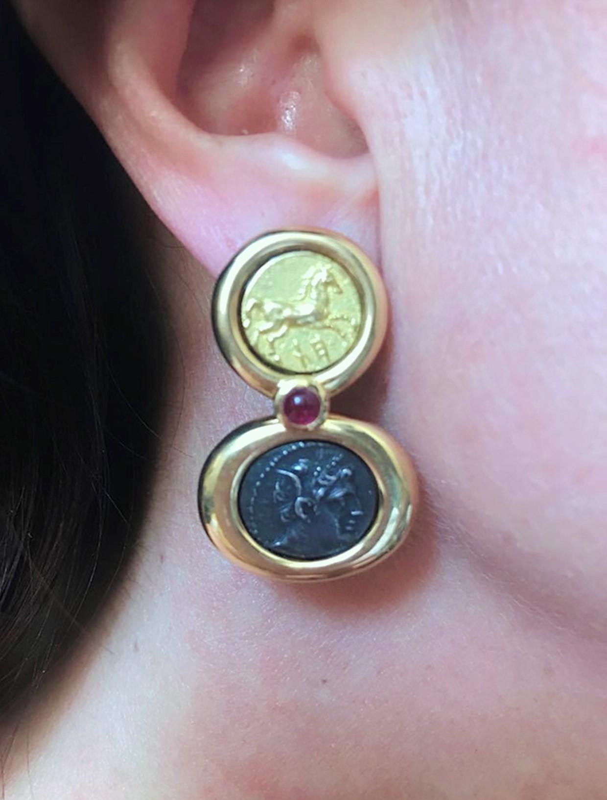 22 Karat Gold, Silver French Coin and Ruby Drop Earrings 7