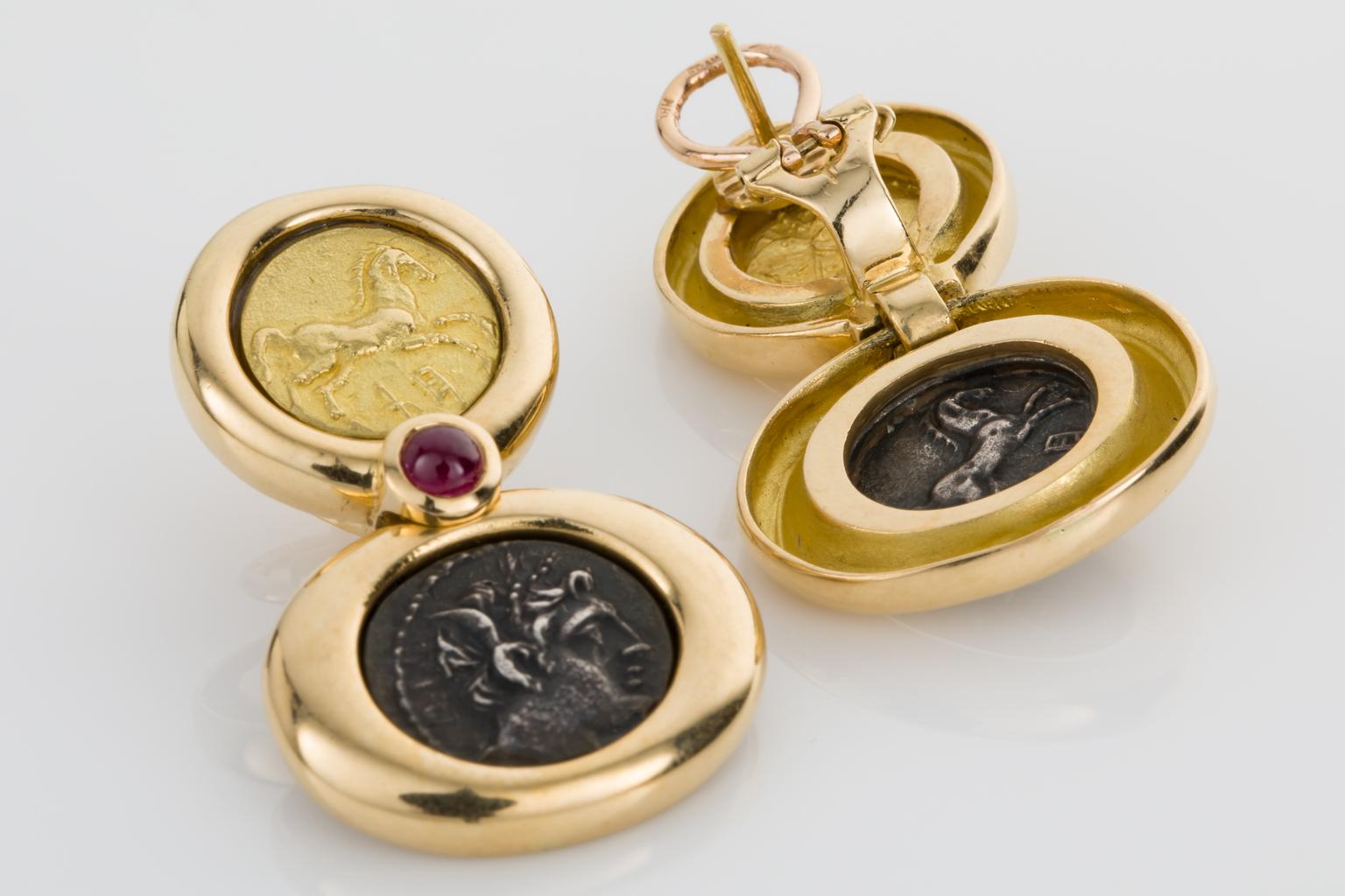 22 Karat Gold, Silver French Coin and Ruby Drop Earrings In Excellent Condition In QLD , AU